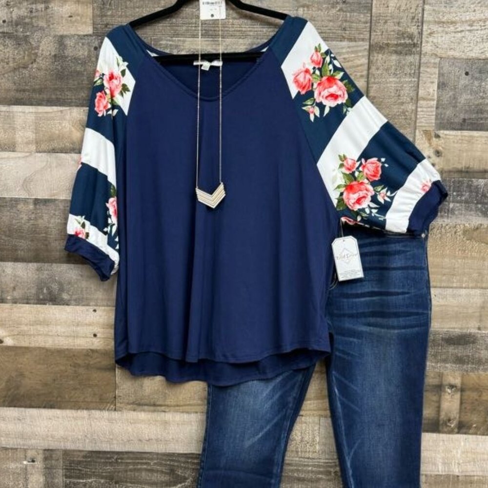 Plus Floral Stripe Balloon Sleeve Top NWT